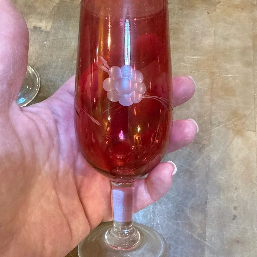 5” Etched Floral Colored Small Stemmed Glasses - Set of 5 Blue, Yellow, Red
